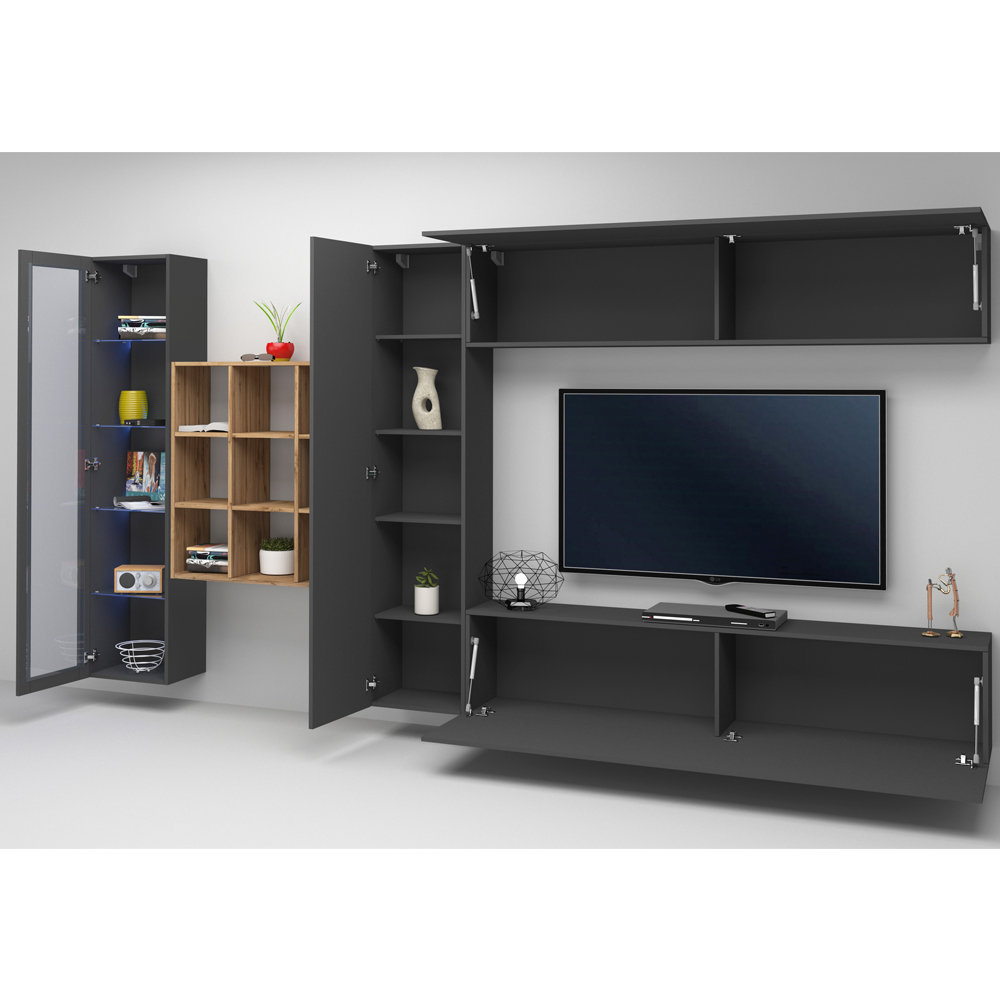 Mcrae LED Wooden Entertainment Unit With 1 Glass Door And 9 Shelves In Anthracite Oak