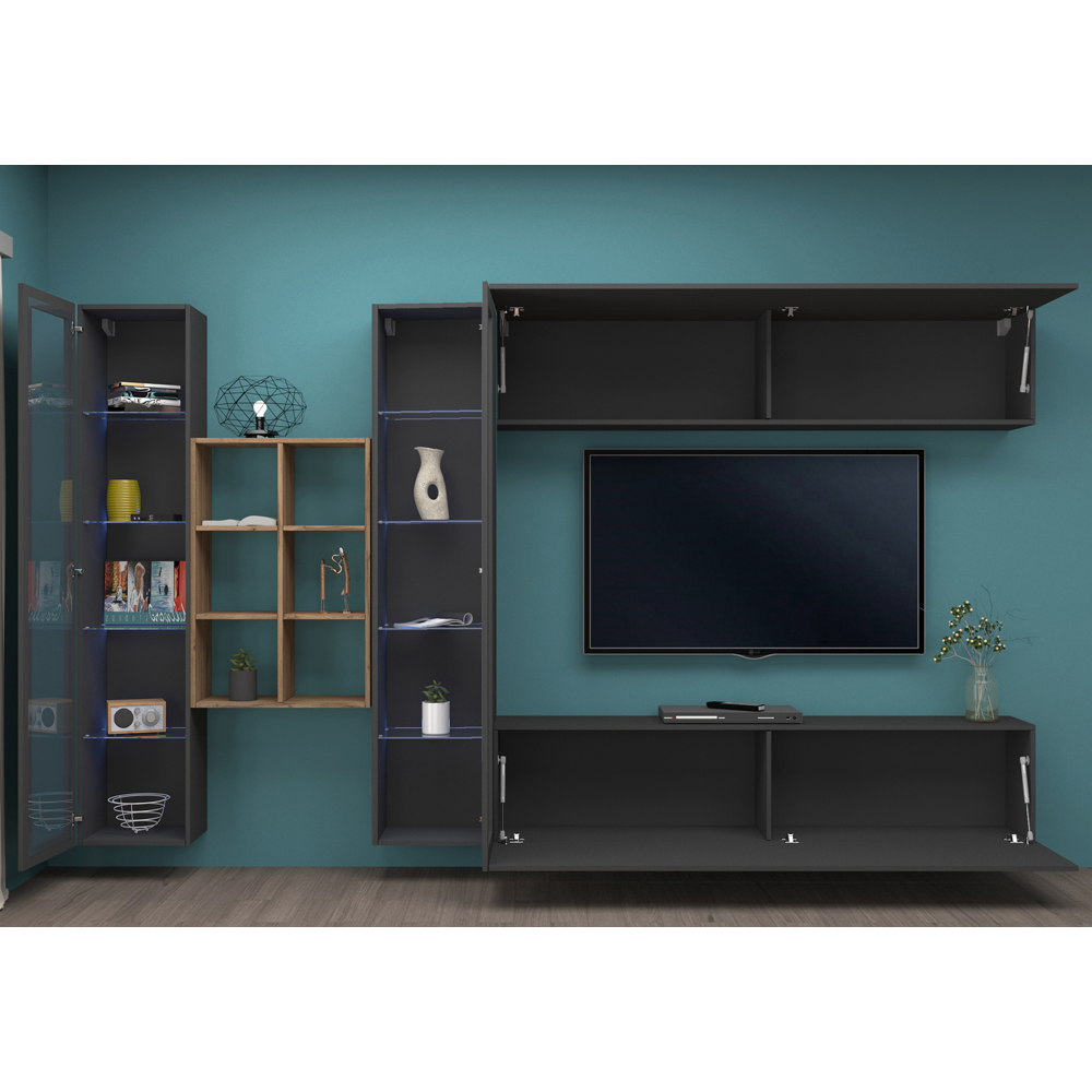Mcrae LED Wooden Entertainment Unit With 2 Glass Doors And 6 Shelves In Anthracite Oak