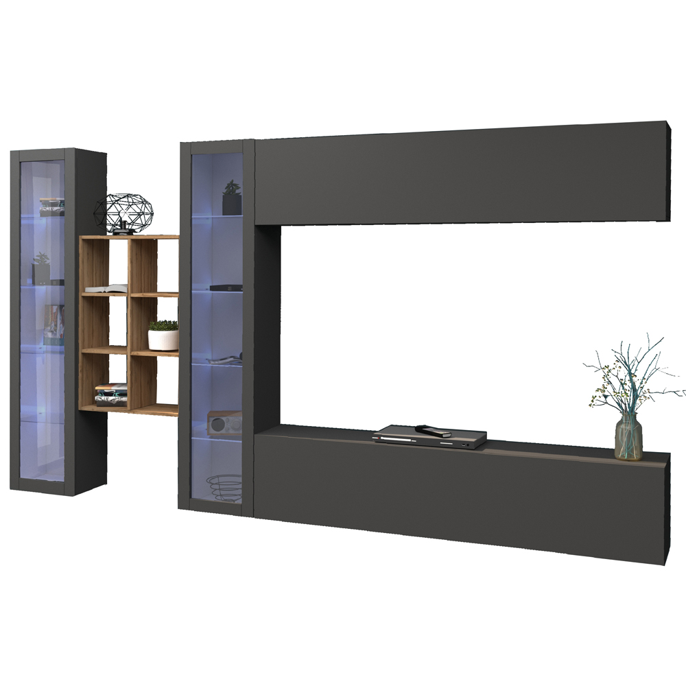 Mcrae LED Wooden Entertainment Unit With 2 Glass Doors And 6 Shelves In Anthracite Oak