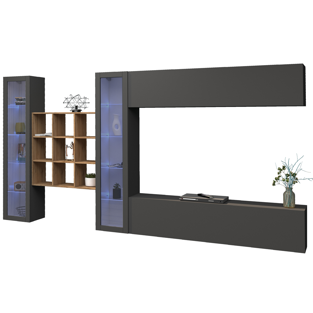 Mcrae LED Wooden Entertainment Unit With 2 Glass Doors And 9 Shelves In Anthracite Oak