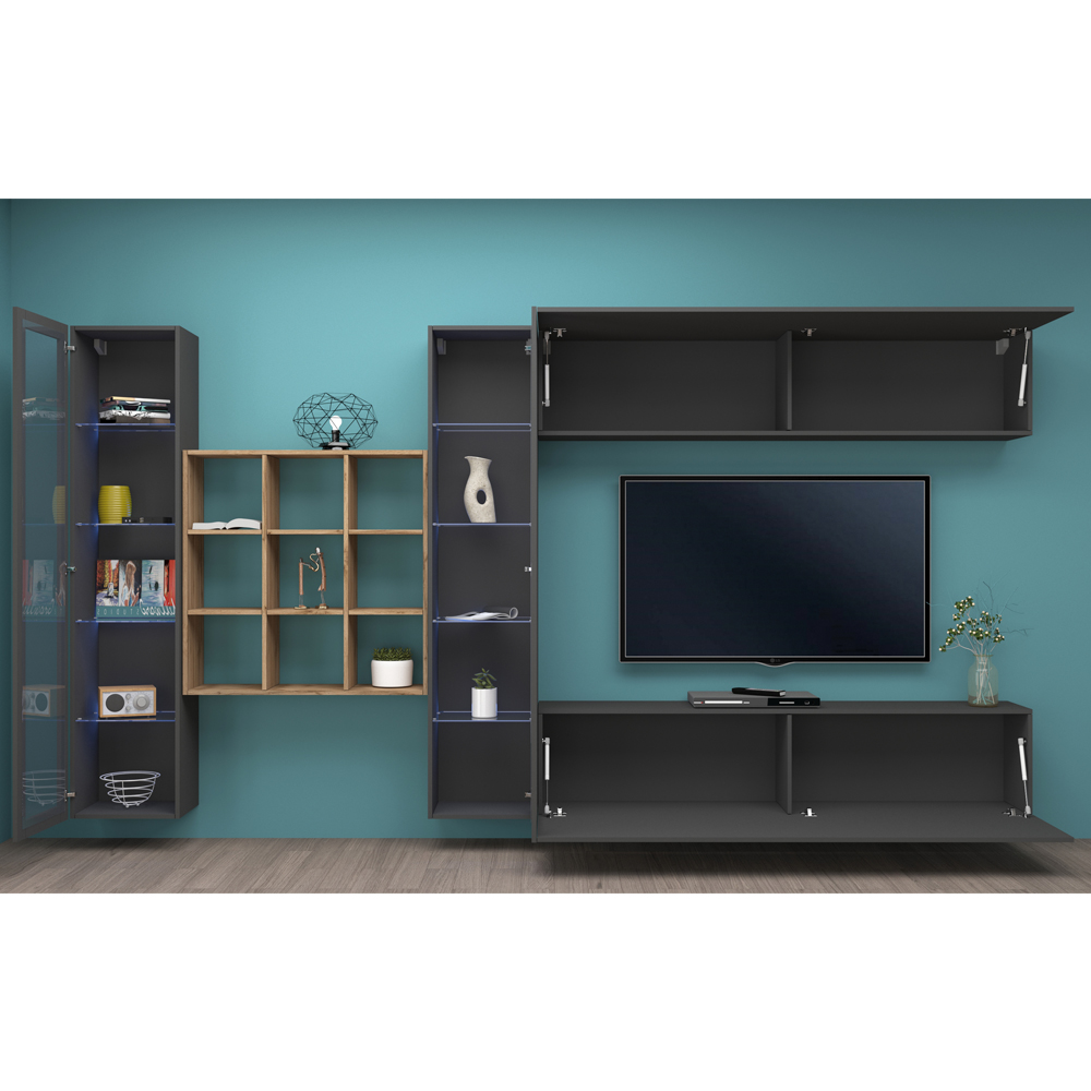 Mcrae LED Wooden Entertainment Unit With 2 Glass Doors And 9 Shelves In Anthracite Oak