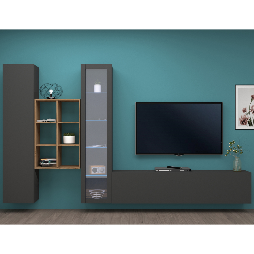 Mcrae LED Wooden L Shape Entertainment Unit With 1 Glass Door And 6 Shelves In Anthracite Oak