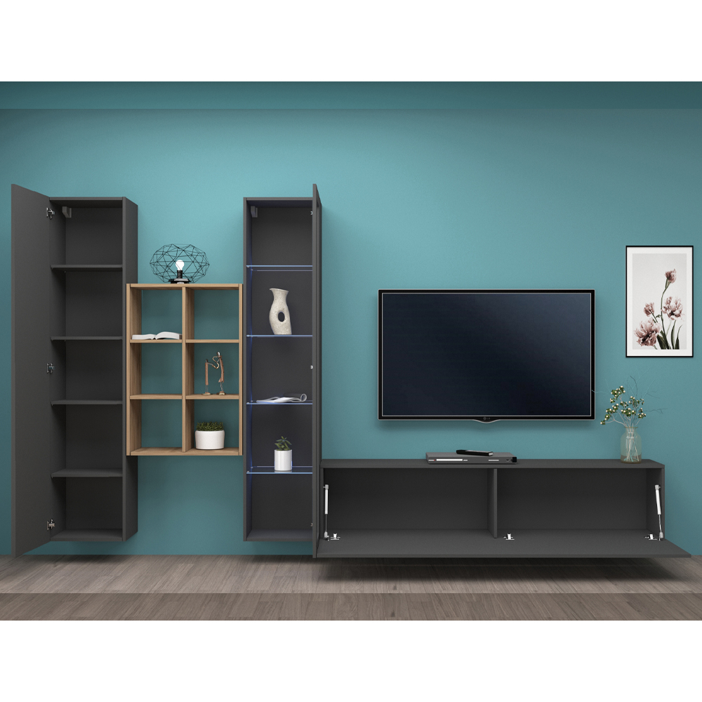 Mcrae LED Wooden L Shape Entertainment Unit With 1 Glass Door And 6 Shelves In Anthracite Oak