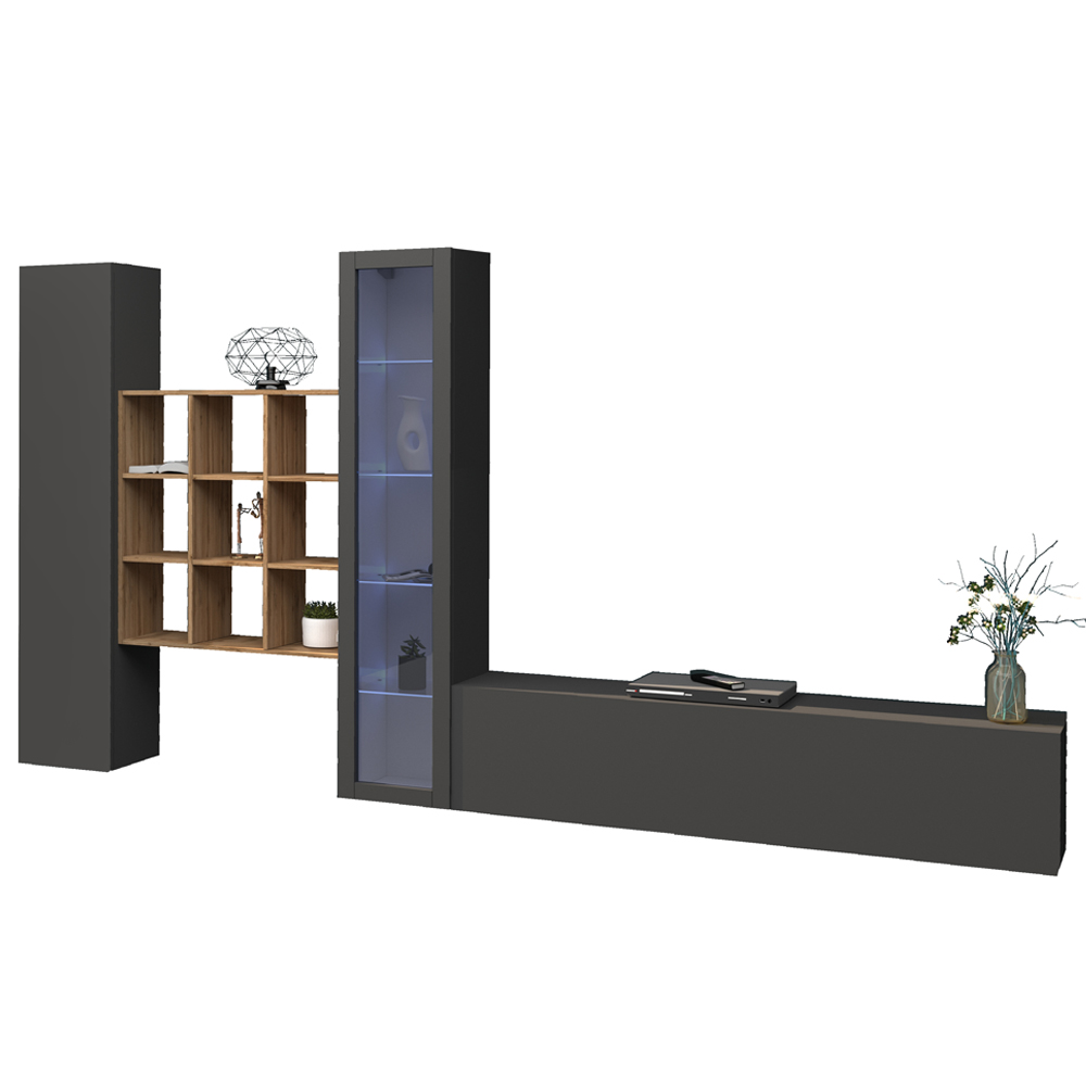 Mcrae LED Wooden L Shape Entertainment Unit With 1 Glass Door And 9 Shelves In Anthracite Oak
