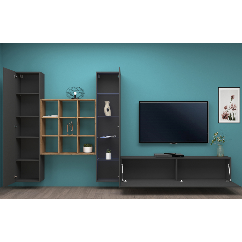 Mcrae LED Wooden L Shape Entertainment Unit With 1 Glass Door And 9 Shelves In Anthracite Oak