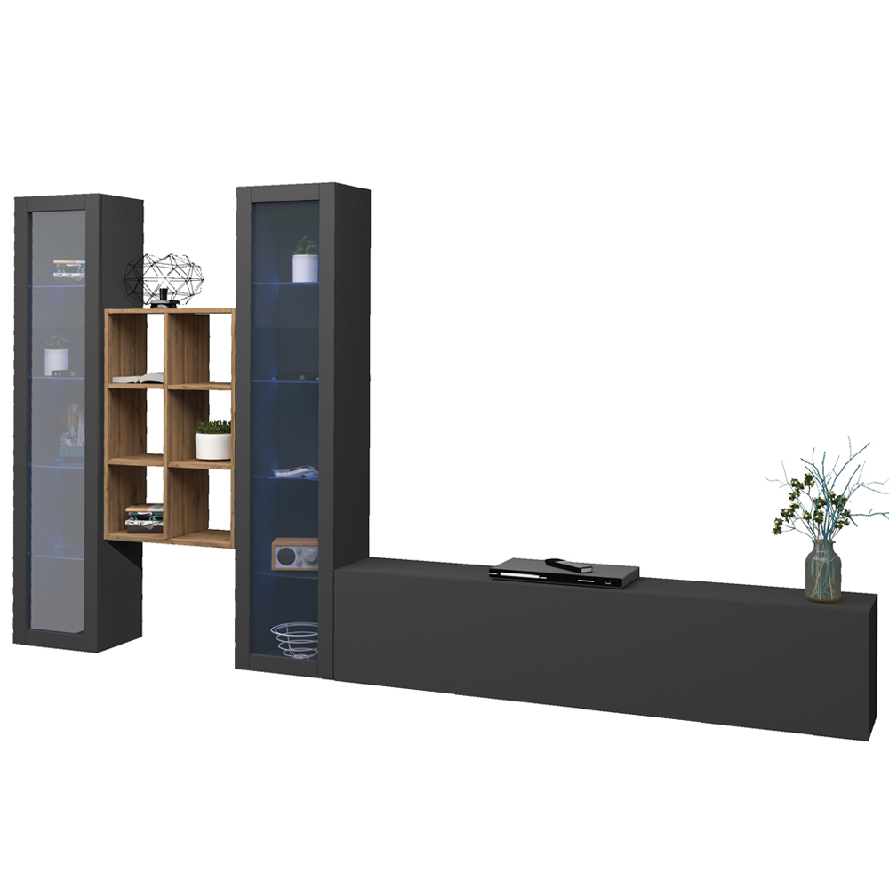 Mcrae LED Wooden L Shape Entertainment Unit With 2 Glass Doors And 6 Shelves In Anthracite Oak