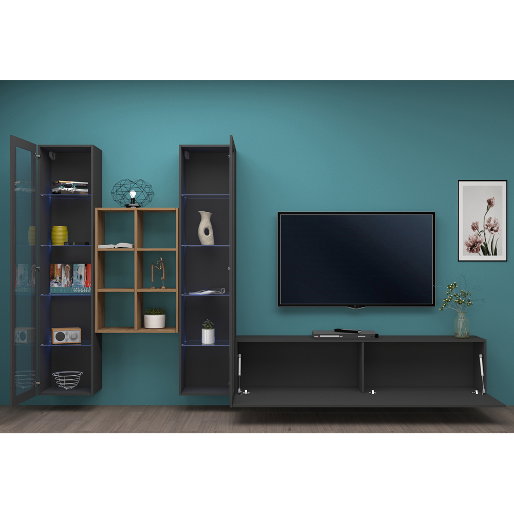 Mcrae LED Wooden L Shape Entertainment Unit With 2 Glass Doors And 6 Shelves In Anthracite Oak