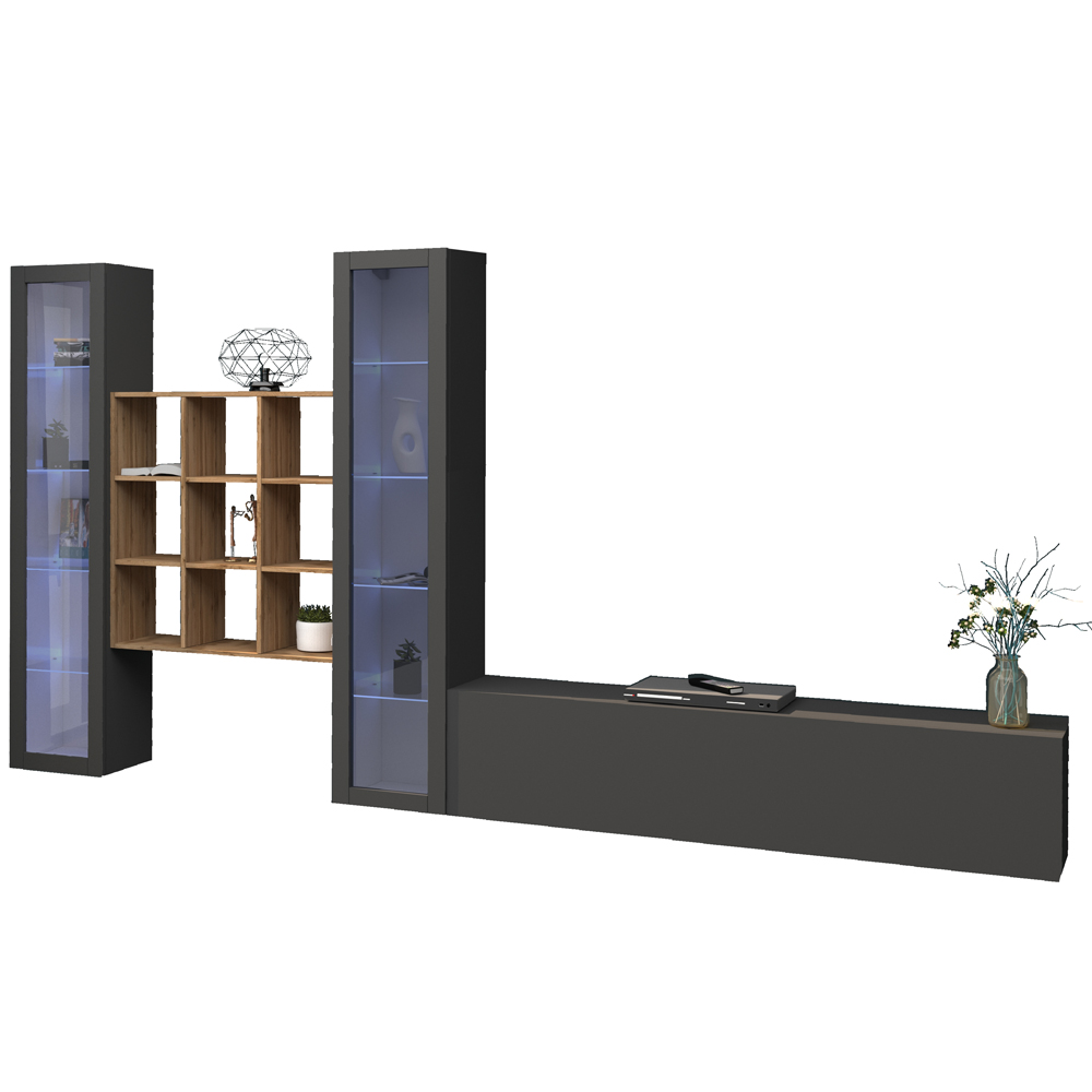 Mcrae LED Wooden L Shape Entertainment Unit With 2 Glass Doors And 9 Shelves In Anthracite Oak