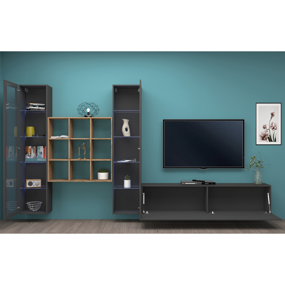 Mcrae LED Wooden L Shape Entertainment Unit With 2 Glass Doors And 9 Shelves In Anthracite Oak