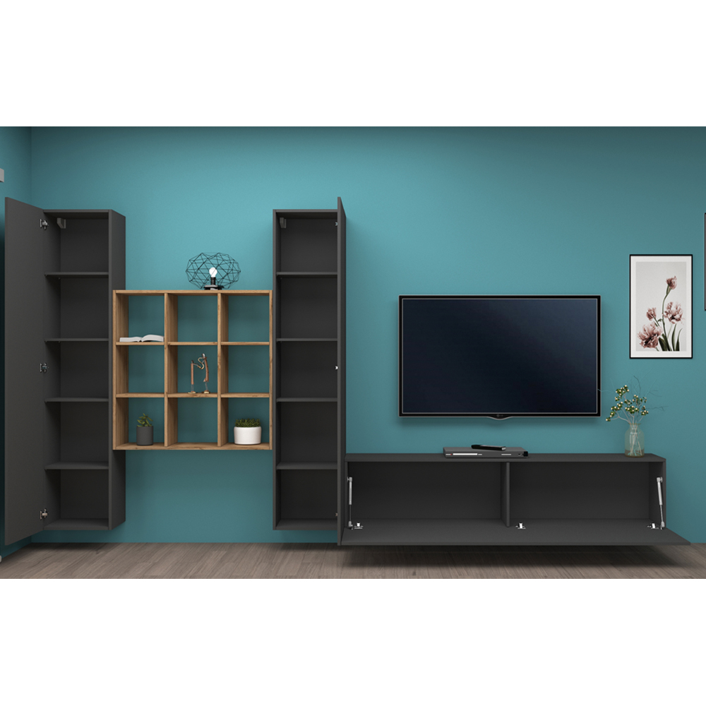 Mcrae LED Wooden L Shape Entertainment Unit With 3 Doors In Anthracite Oak
