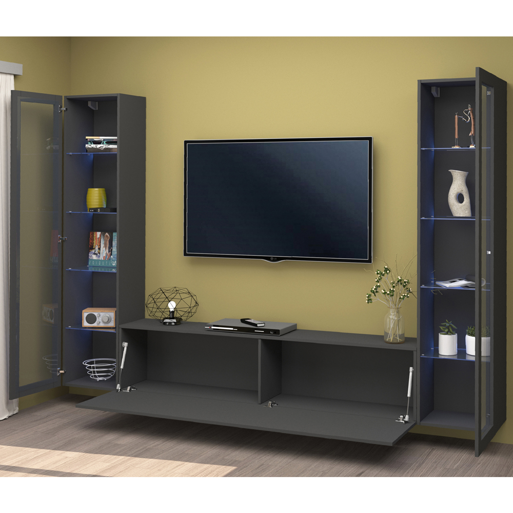 Mcrae LED Wooden U Shape Entertainment Unit With 2 Glass Doors In Anthracite