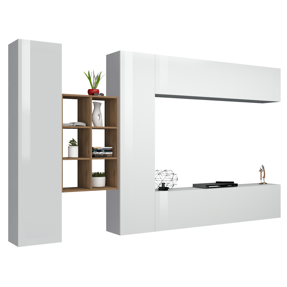 Mcrae White Glossy Entertainment Unit With 4 Doors And 6 Shelves In Oak