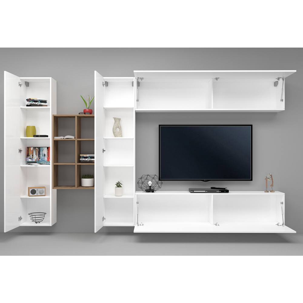 Mcrae White Glossy Entertainment Unit With 4 Doors And 6 Shelves In Oak