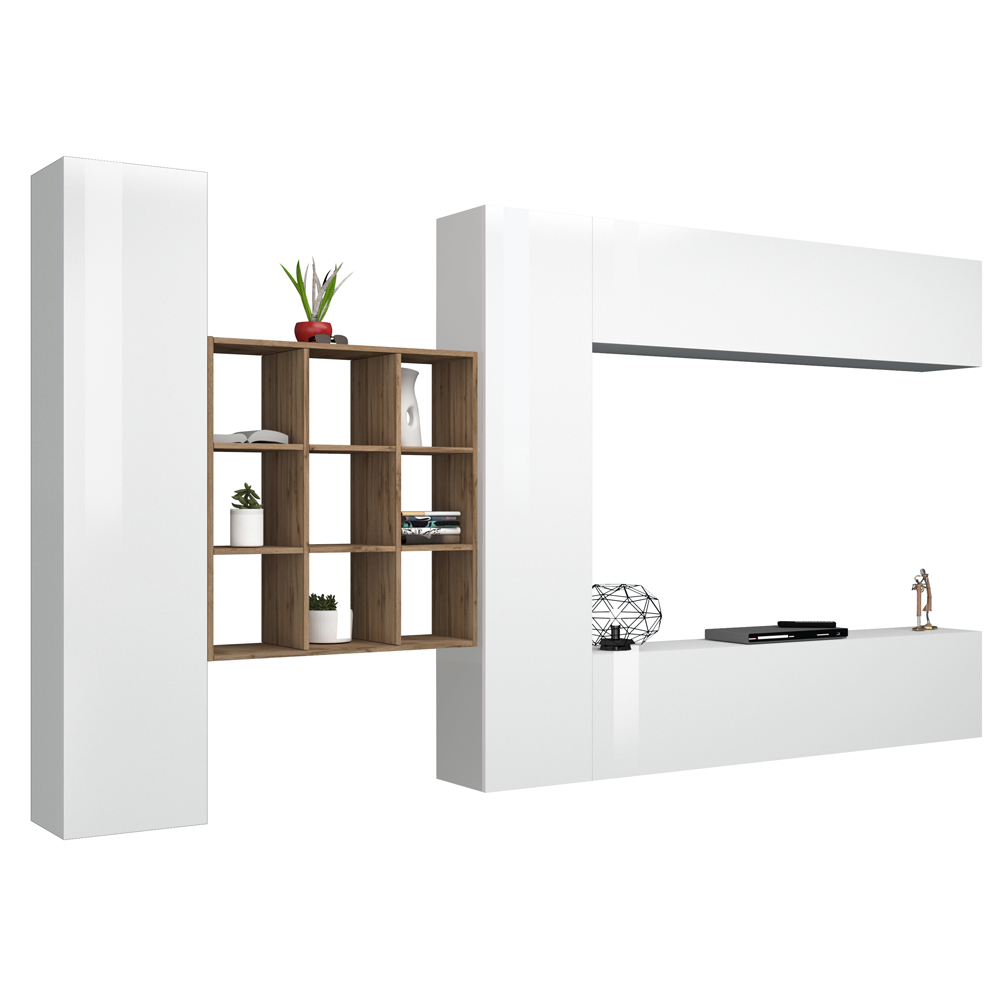 Mcrae White Glossy Entertainment Unit With 4 Doors And 9 Shelves In Oak