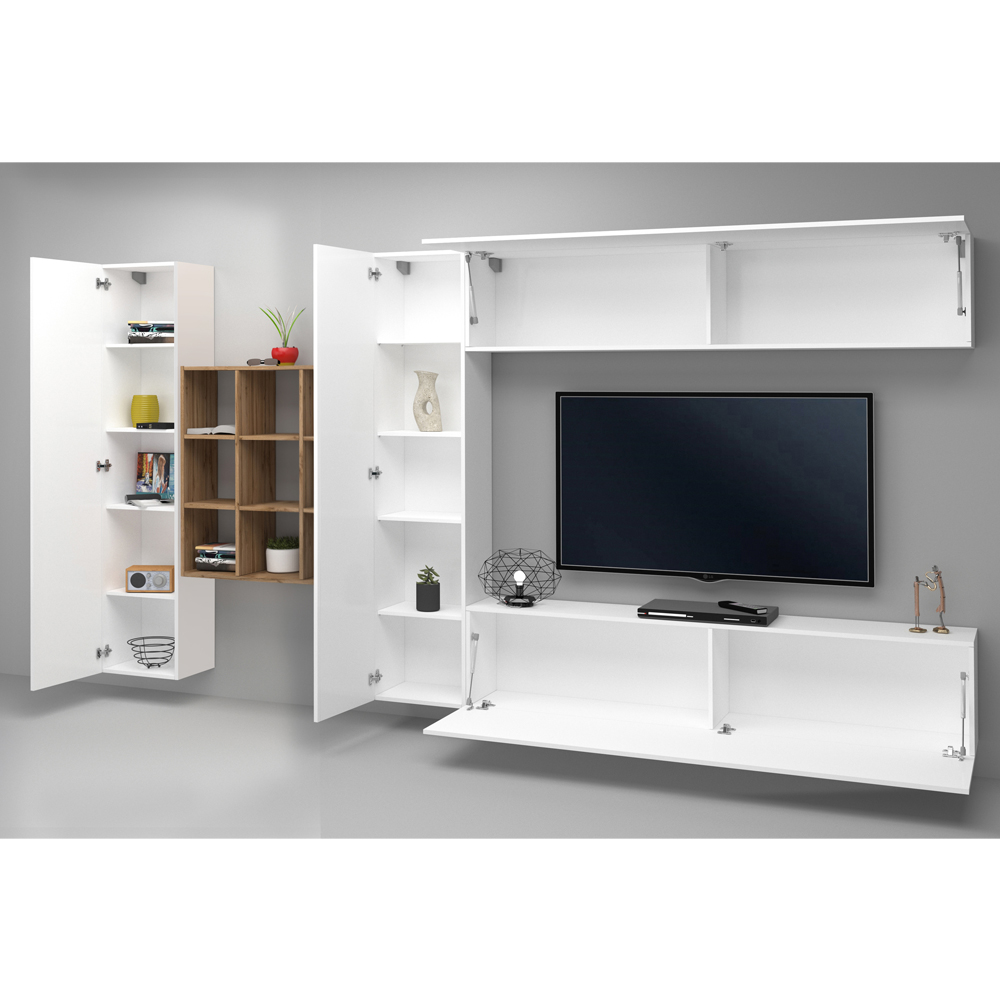 Mcrae White Glossy Entertainment Unit With 4 Doors And 9 Shelves In Oak