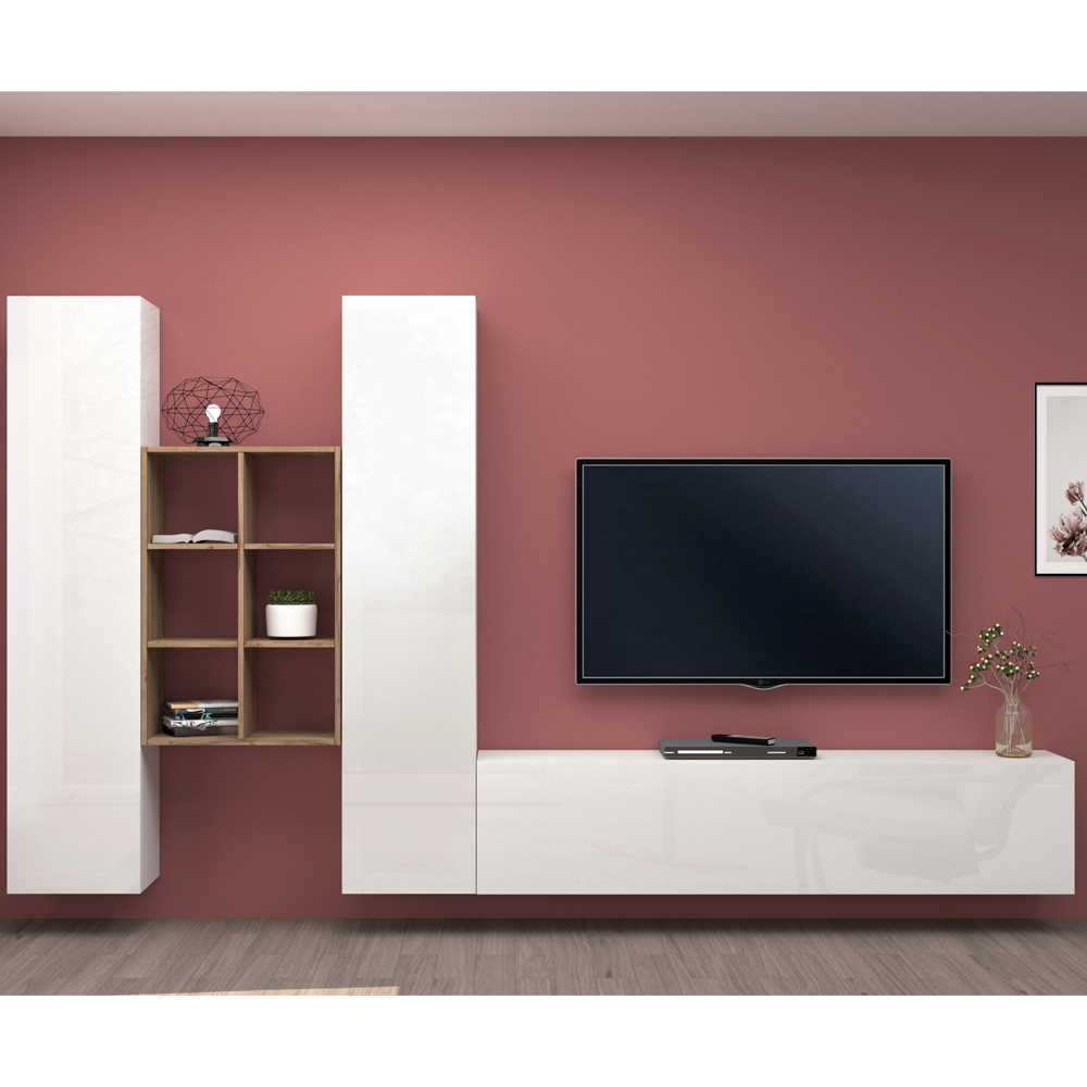 Mcrae White Glossy L Shape Entertainment Unit With 3 Doors In Oak