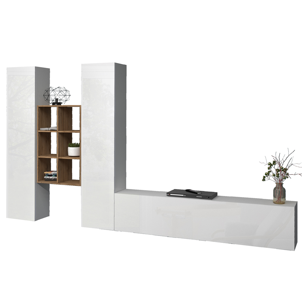 Mcrae White Glossy L Shape Entertainment Unit With 3 Doors In Oak