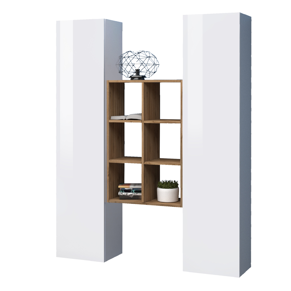 Mcrae White Glossy Storage Cabinet With 2 Doors And 6 Shelves In Oak