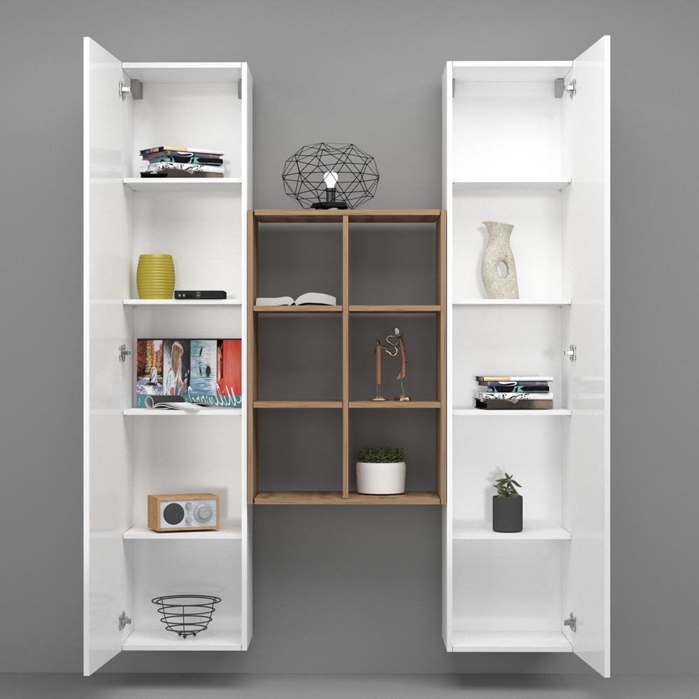 Mcrae White Glossy Storage Cabinet With 2 Doors And 6 Shelves In Oak