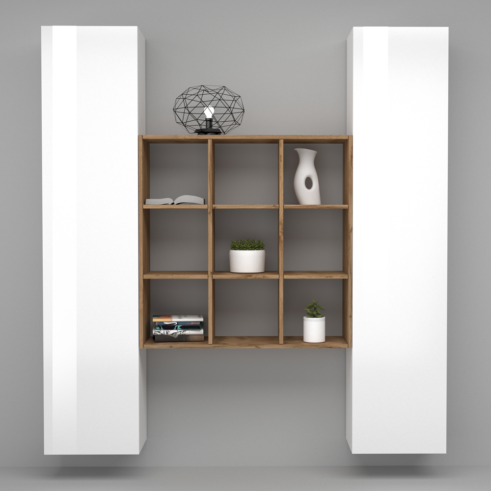 Mcrae White Glossy Storage Cabinet With 2 Doors And 9 Shelves In Oak