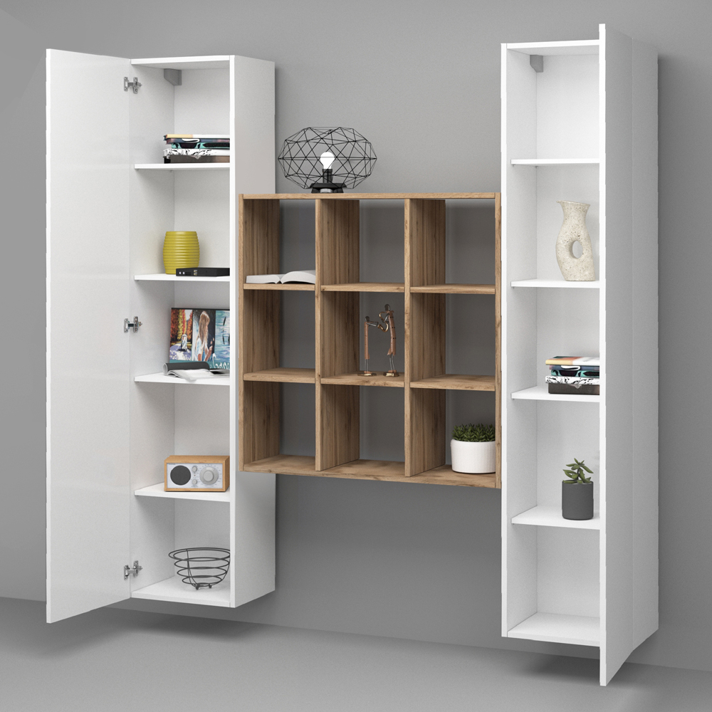 Mcrae White Glossy Storage Cabinet With 2 Doors And 9 Shelves In Oak