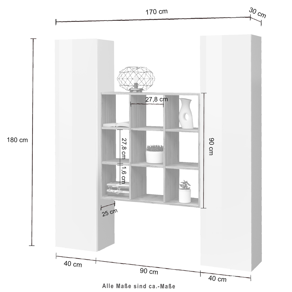 Mcrae White Glossy Storage Cabinet With 2 Doors And 9 Shelves In Oak