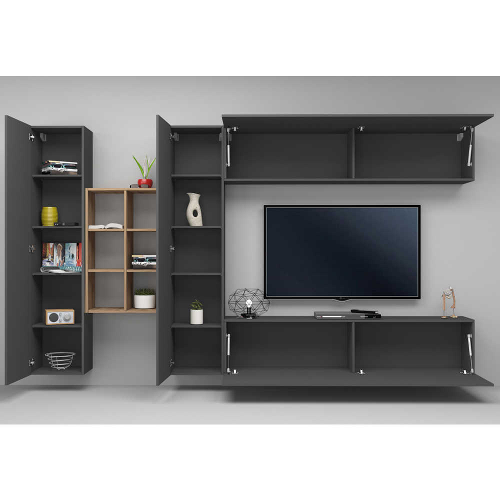 Mcrae Wooden Entertainment Unit With 4 Doors And 6 Shelves In Anthracite Oak