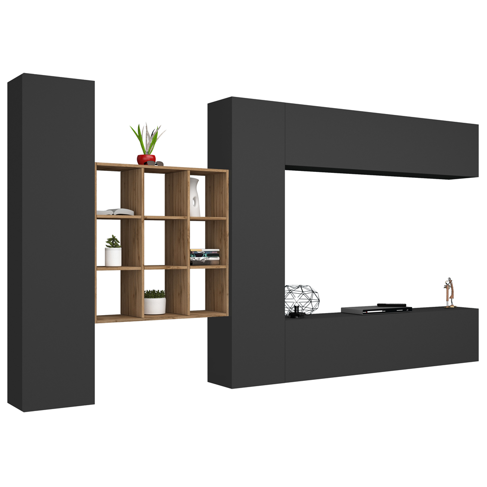 Mcrae Wooden Entertainment Unit With 4 Doors And 9 Shelves In Anthracite Oak