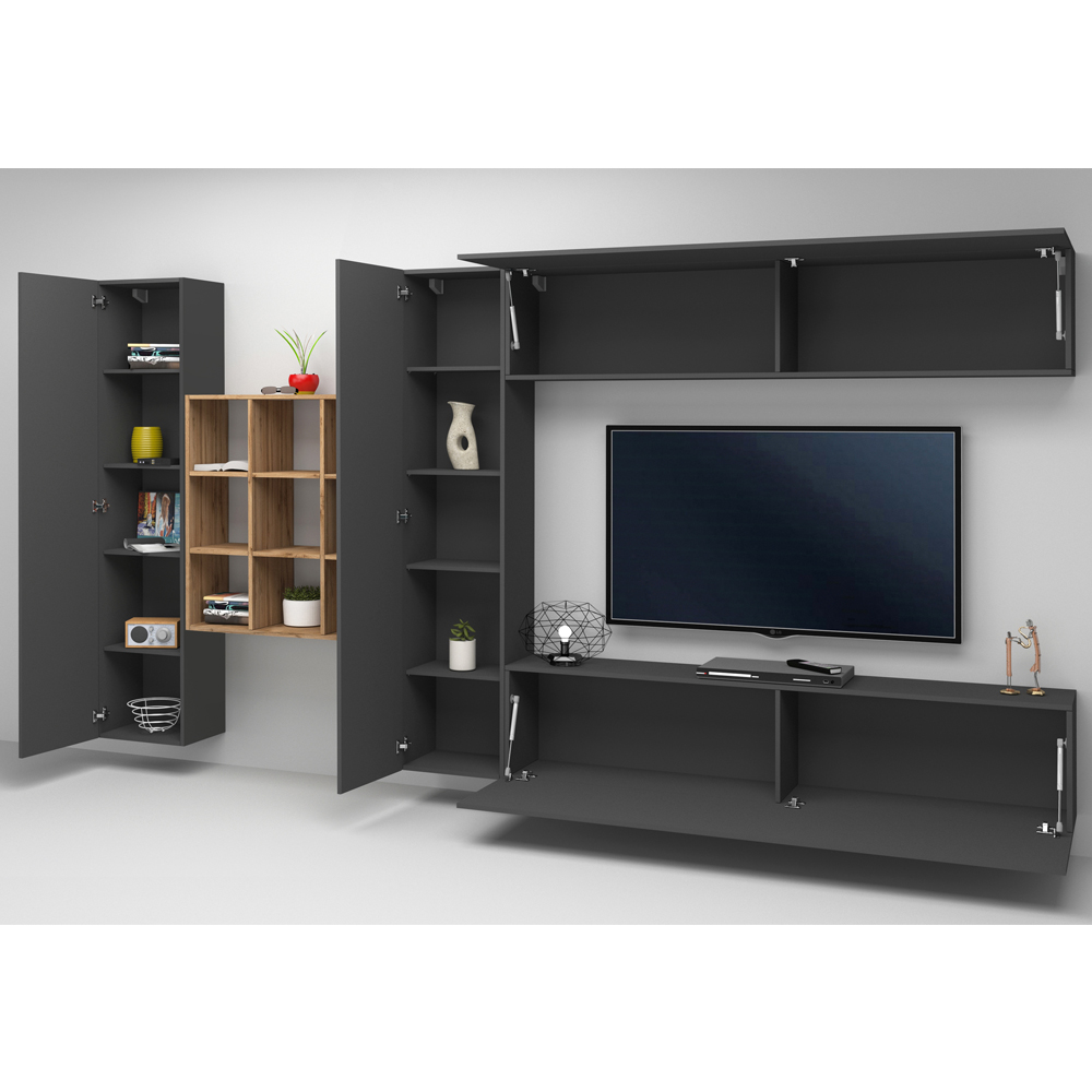 Mcrae Wooden Entertainment Unit With 4 Doors And 9 Shelves In Anthracite Oak