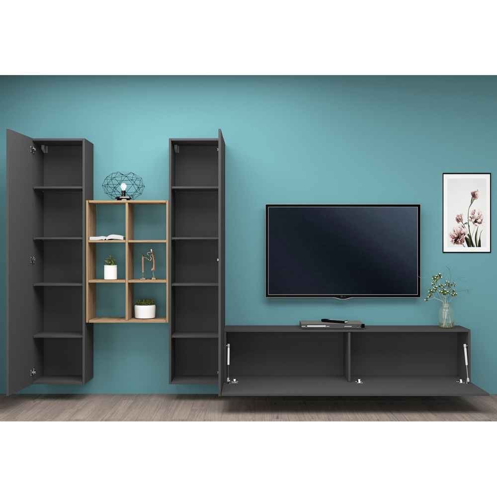 Mcrae Wooden L Shape Entertainment Unit With 3 Doors In Anthracite Oak