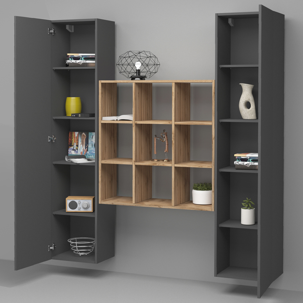 Mcrae Wooden Storage Cabinet With 2 Doors And 9 Shelves In Anthracite Oak