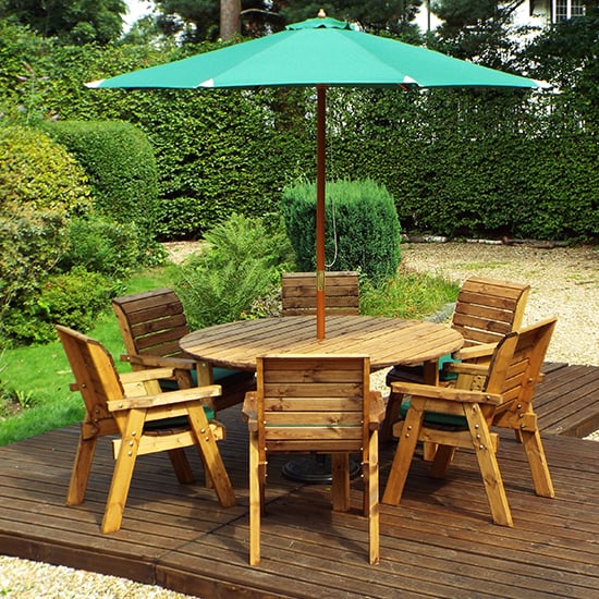 Mecot Round 6 Seater Dining Set With Parasol In Green - Wooden Garden Patio Set With Parasol