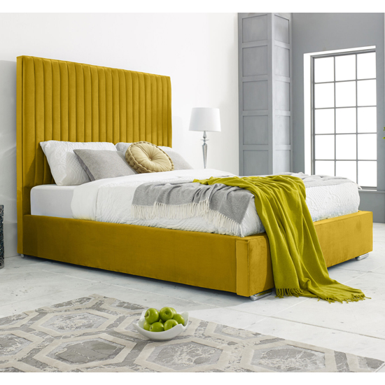 Medan Plush Velvet King Size Bed In Mustard Gold