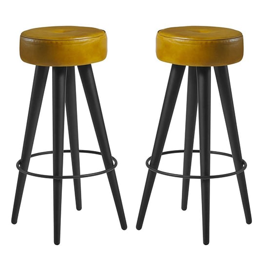 Photo of Medina round vintage gold faux leather bar stools in pair