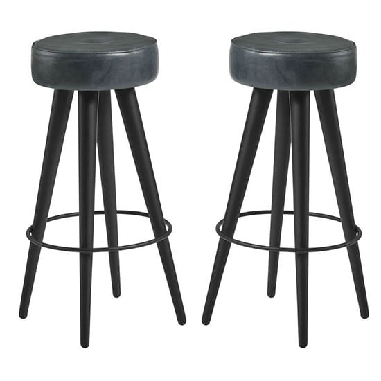 Photo of Medina round vintage grey faux leather bar stools in pair