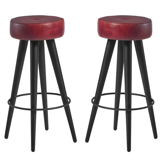 Photo of Medina round vintage red faux leather bar stools in pair