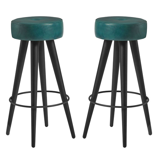 Product photograph of Medina Round Vintage Teal Faux Leather Bar Stools In Pair from Furniture in Fashion