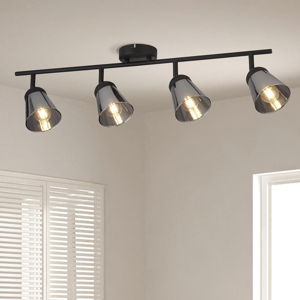 Mega 4 Light Smoked Glass Shade Bar Spotlight In Black