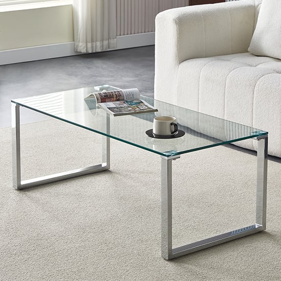 Product photograph of Megan Clear Glass Rectangular Coffee Table With Chrome Legs from Furniture in Fashion