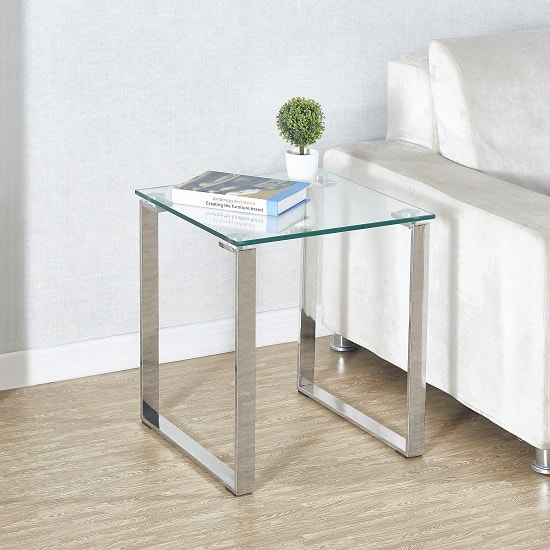 Photo of Megan clear glass side lamp table with chrome legs