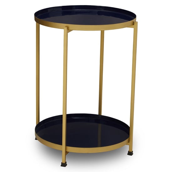 Mekbuda Round Metal 2 Tiers Side Table In Blue And Brass