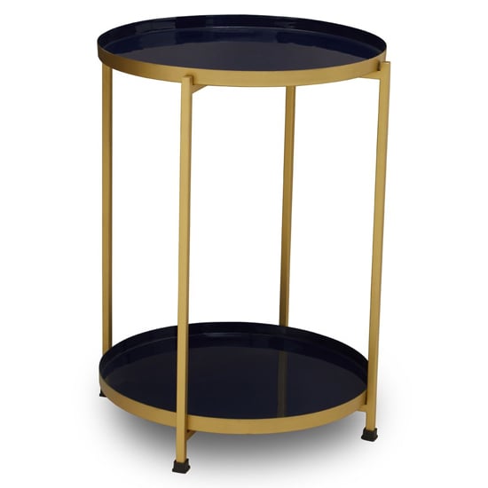 Photo of Mekbuda round metal 2 tiers side table in blue and brass