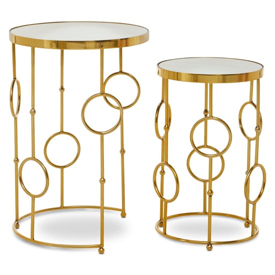Read more about Mekbuda round white glass top nest of 2 tables with gold frame