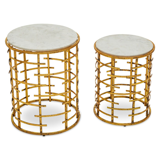 Mekbuda Round White Marble Top Nest Of 2 Tables With Gold Frame_2