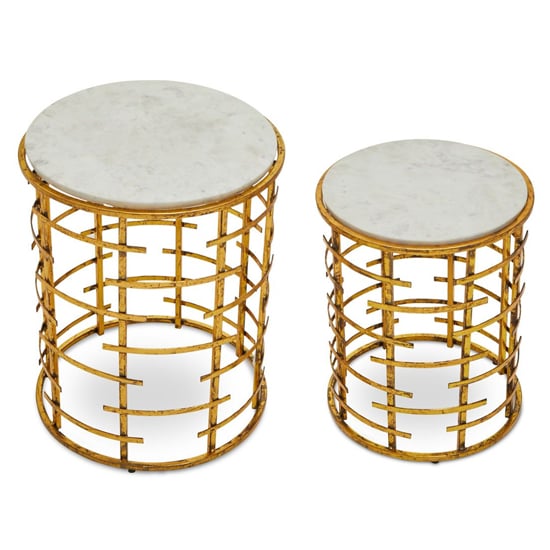 Mekbuda Round White Marble Top Nest Of 2 Tables With Gold Frame_3
