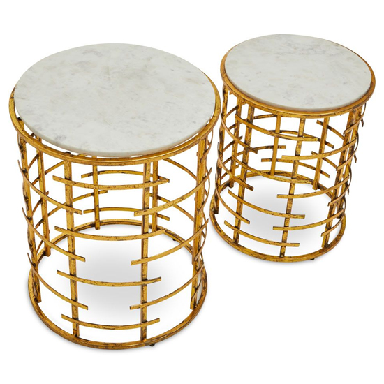 Mekbuda Round White Marble Top Nest Of 2 Tables With Gold Frame_4