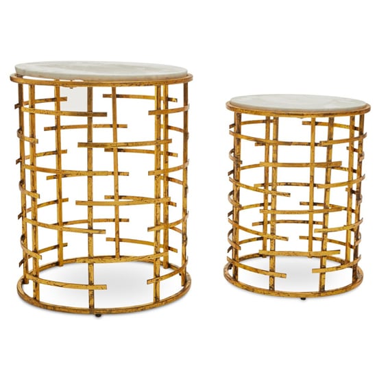 Mekbuda Round White Marble Top Nest Of 2 Tables With Gold Frame