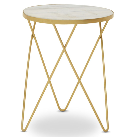 Read more about Mekbuda round white marble top side table with hairpin legs