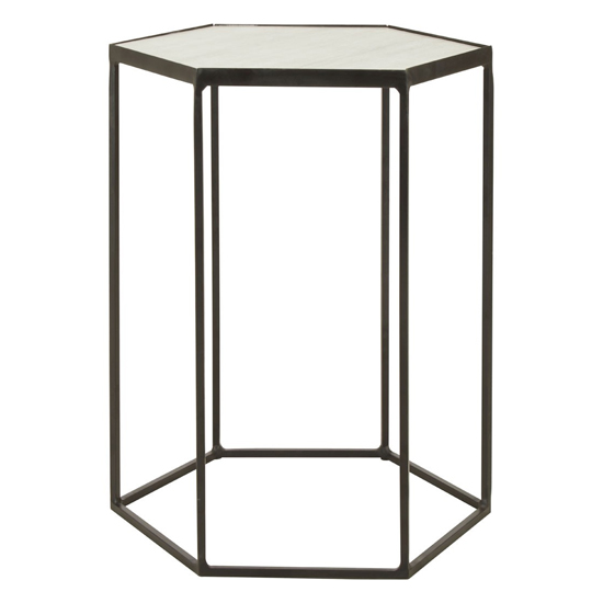 Photo of Mekbuda hexagonal white marble top side table with black frame