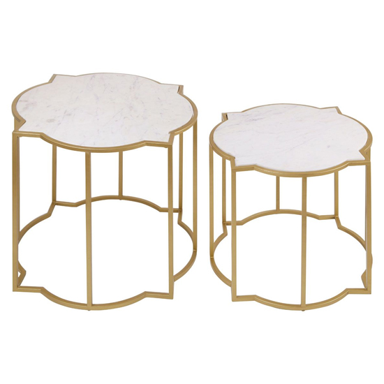 Mekbuda White Marble Top Set Of 2 Side Tables With Gold Frame
